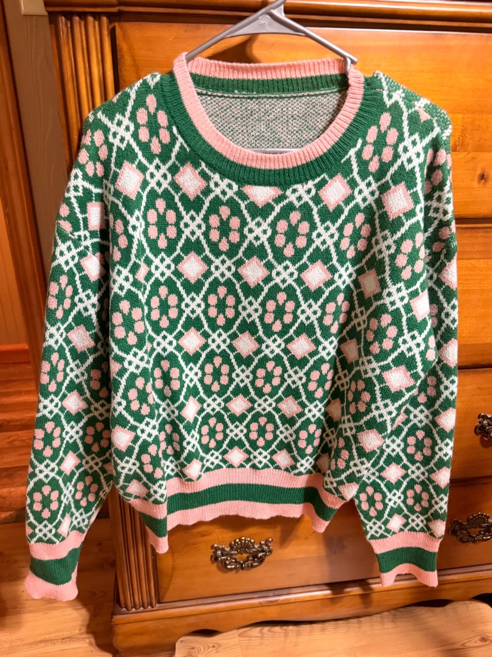 SHEIN Green, Pink & White Patterned Crewneck Sweater
